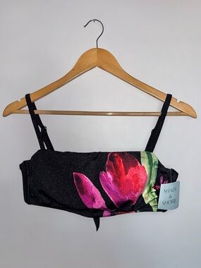 New Shade & Shore Black Floral Bandeau Bikini Top D/DD